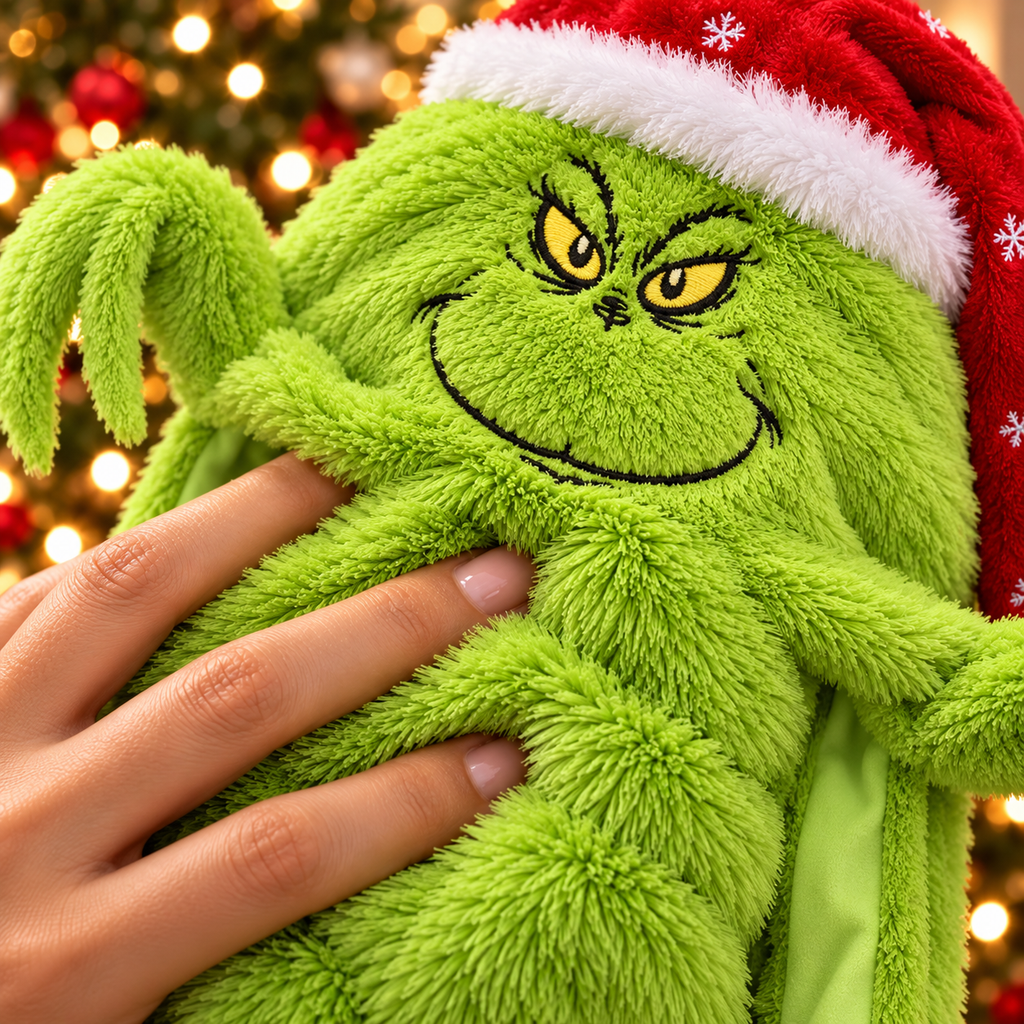 Close-up of the Grinch Floppers hat's fuzzy plush face and red snowflake cap