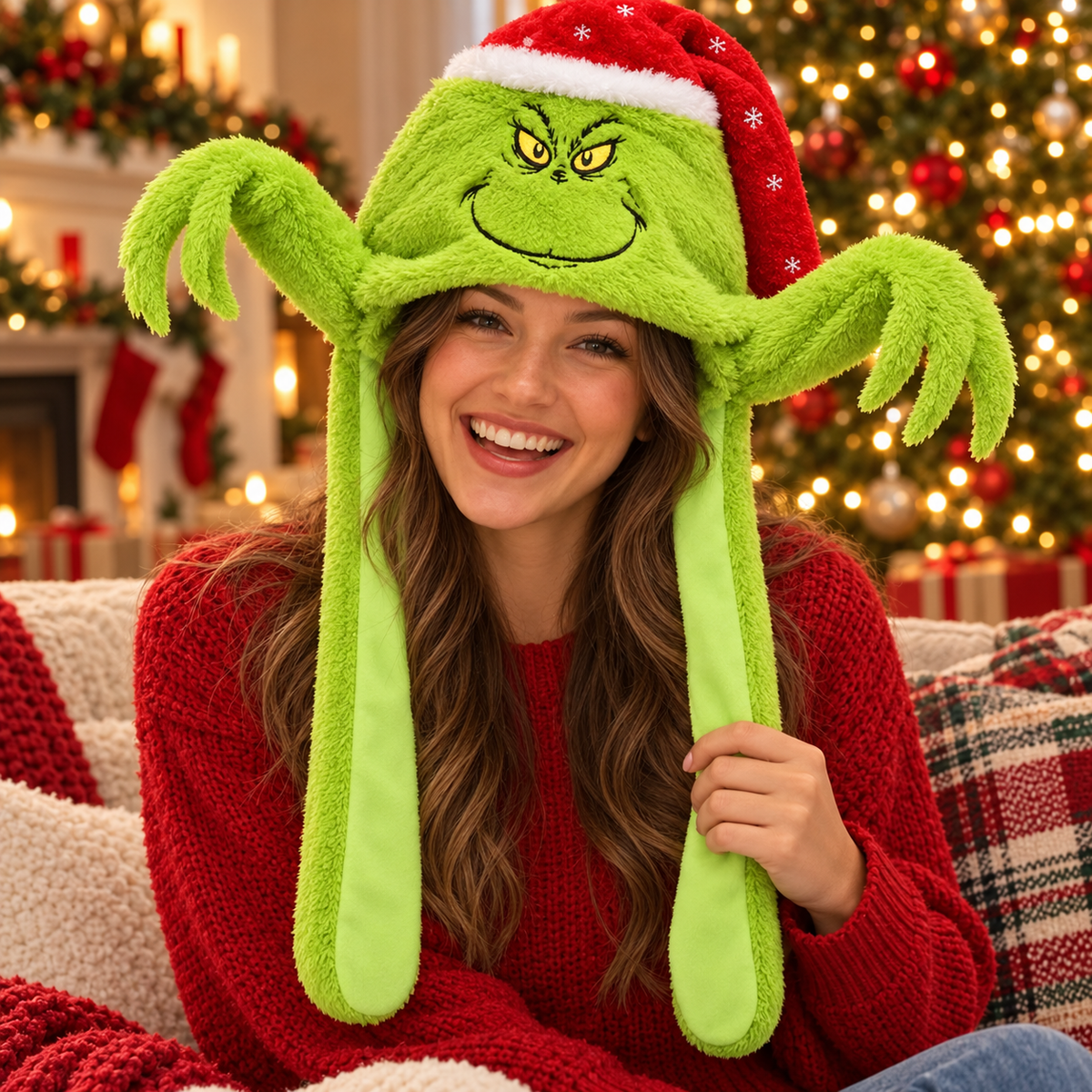 Woman laughing in the Grinch Floppers plush hat by the Christmas tree