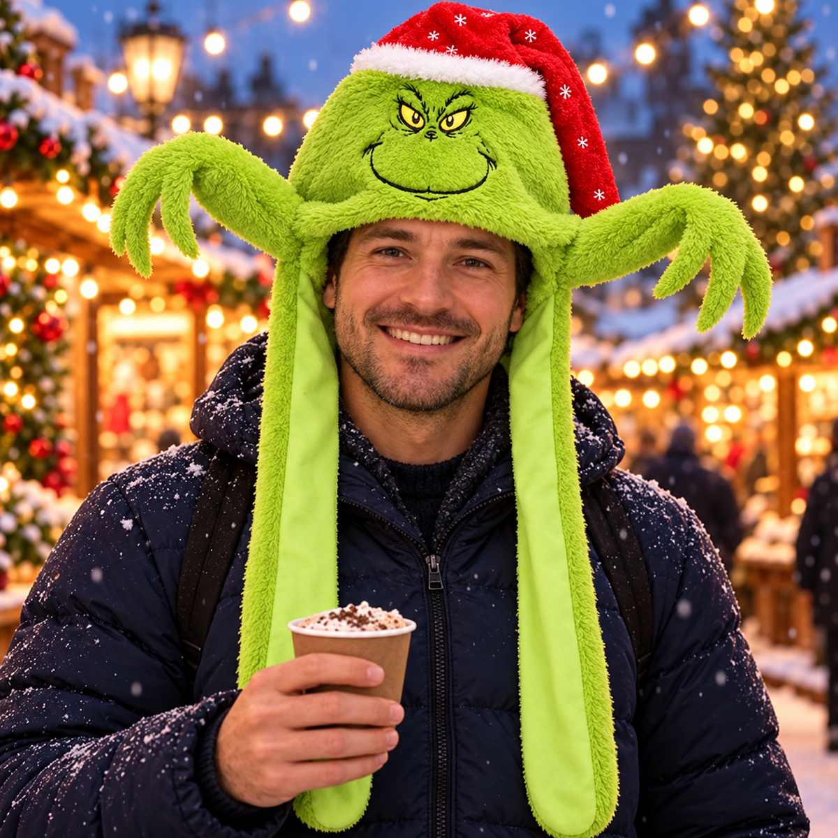 Man wearing the Grinch Floppers plush hat at a snowy Christmas market