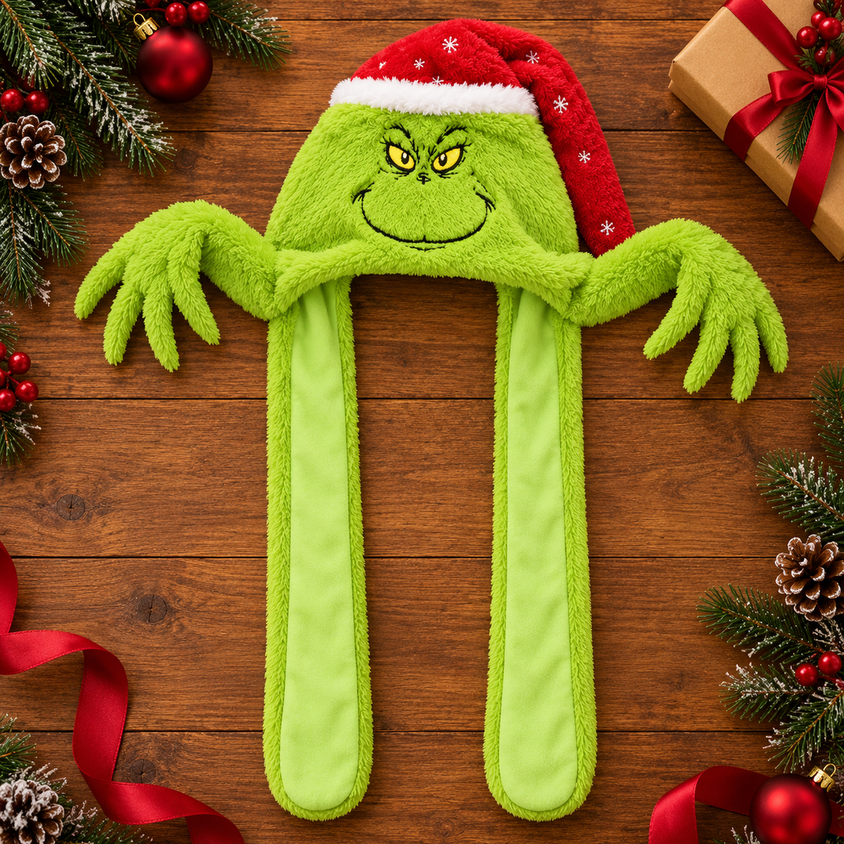 Grinch Floppers plush holiday hat laid flat with Christmas pine and ribbon