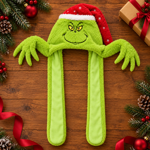 Grinch Floppers plush holiday hat laid flat with Christmas pine and ribbon