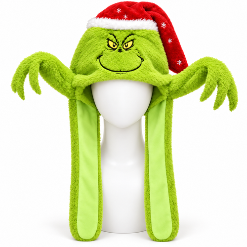 Grinch Floppers plush green holiday hat with raised hands and long hanging arms